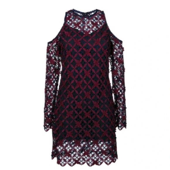 Self-Portrait Floral Grid Cold Shoulder Mini Dress Burgundy Navy Guipure Lace 6‎ - Picture 5 of 16